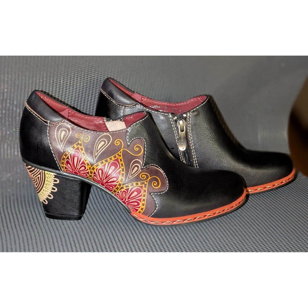 L'Artiste by Spring Step Zami Hand‎ Painted Leather Ankle Booties Black 5.5-6